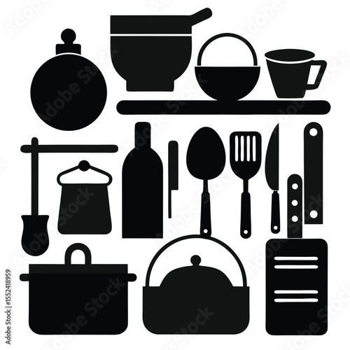 Collection of kitchen utensils and cookware silhouettes for culinary design and food preparation graphics