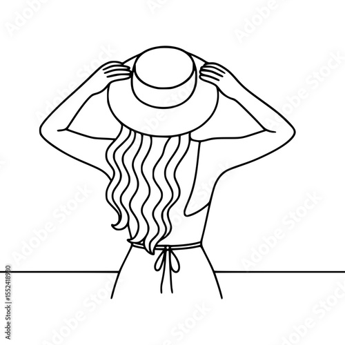 Back of a woman with long wavy hair wearing a sun hat line art