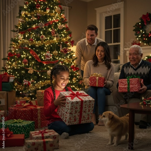 Cozy Christmas morning scene, diverse family opening gifts by a decorated tree