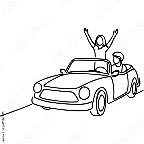 Joyful Couple Driving Convertible Car in Continuous Line Art Style