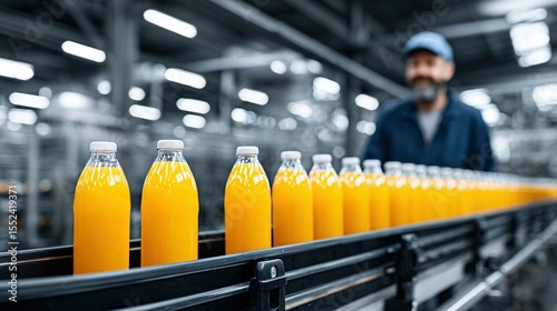 Orange juice bottles on a production line.