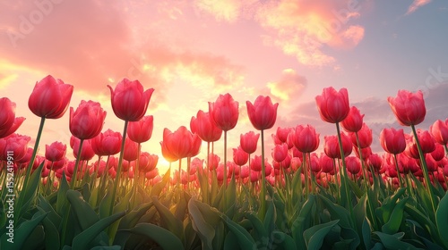 Vibrant pink tulips bloom in a field at sunset.