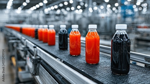 Bottles of colored juice on a factory conveyor belt.