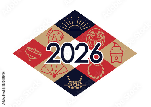 2026 New Year’s Symbol  Vector Illustration With Japanese Vintage Charms Isolated On A White Background. 
