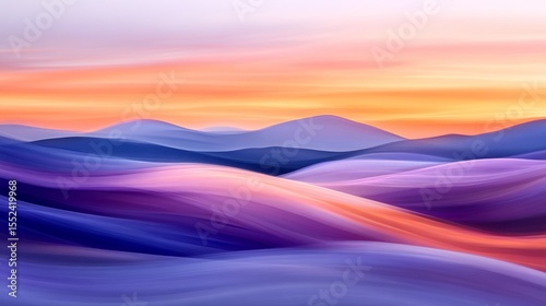 A vibrant, soft-focus landscape of rolling mountains at sunrise.