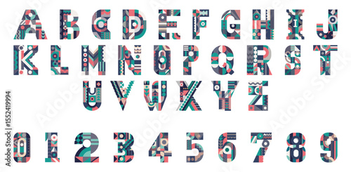 A full alphabet (uppercase) and numbers 0–9 featuring a decorative, geometric pattern in teal, blue, pink, and cream. Ideal for posters, kids' decor, educational prints, and creative branding.
