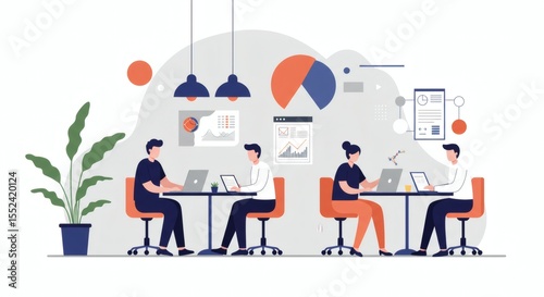 Minimalist vector illustration of diverse business professionals collaborating in a modern, sleek office space