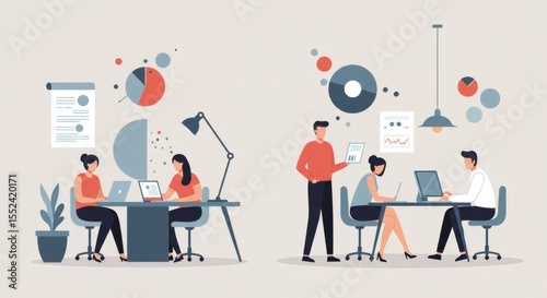 Minimalist vector illustration of diverse business professionals collaborating in a modern, sleek office space