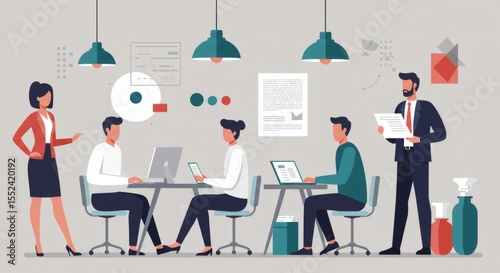 Minimalist vector illustration of diverse business professionals collaborating in a modern, sleek office space