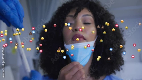 Medical nurse bringing sample tube, patient pulling down mask for sampling, reaction icons floating
