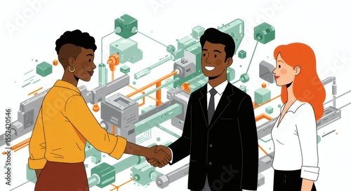 Vector art of a diverse group of entrepreneurs shaking hands