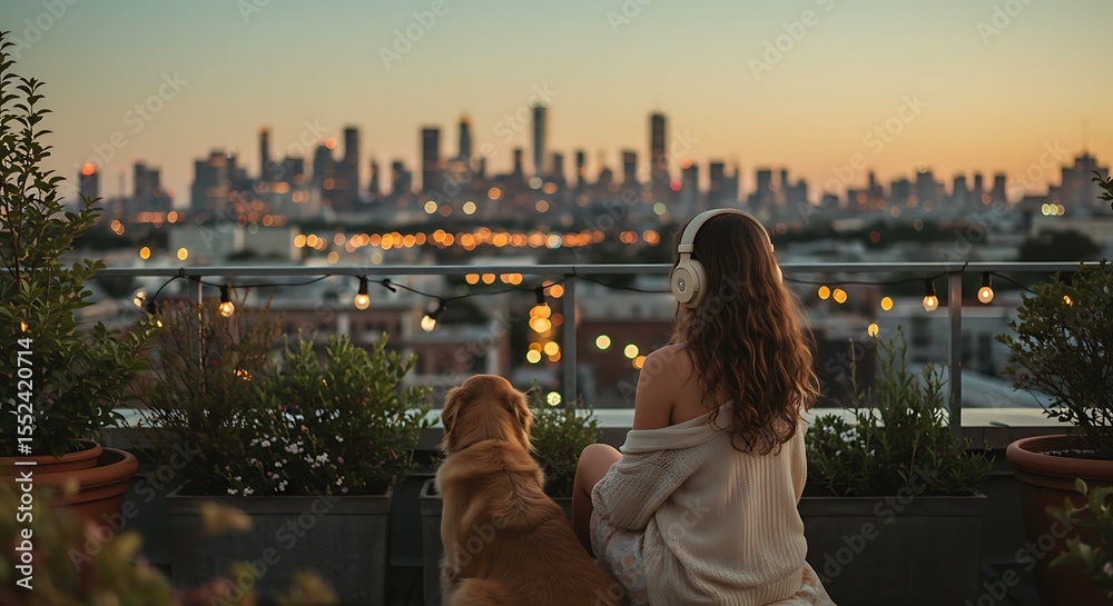 Fototapeta premium Woman and dog enjoying music on rooftop with city skyline at twilight