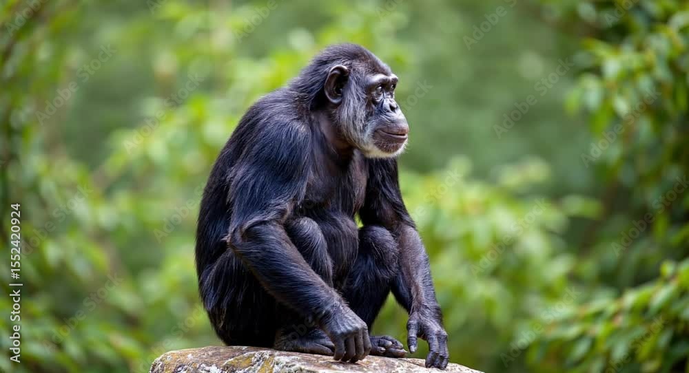 A chimpanzee sitting on a rock or natural ground surface, with a lush green, out-of-focus background of trees and foliage 4K video A chimpanzee sitting on a rock or natural ground surface, with a lush green, out-of-focus background of trees and foliage 4K video
