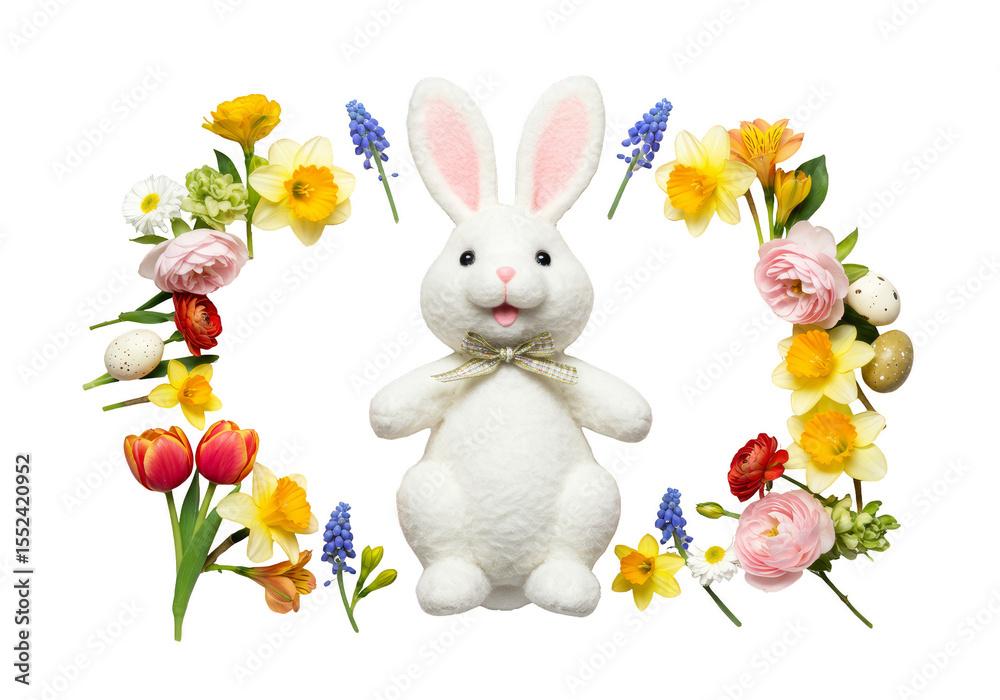 Obraz premium Illustration Easter Bunny with Spring Flowers Wreath and Transparent Background