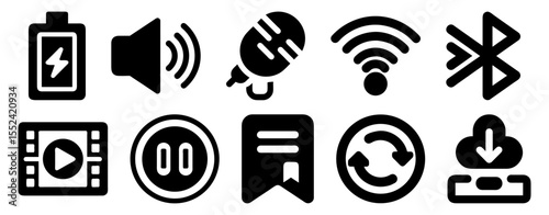 A set of ten black flat design icons representing common multimedia, connectivity, and utility functions for digital devices.