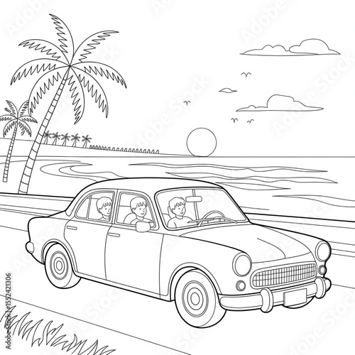 A black and white a car is passing by the beach illustration line art of a coloring page