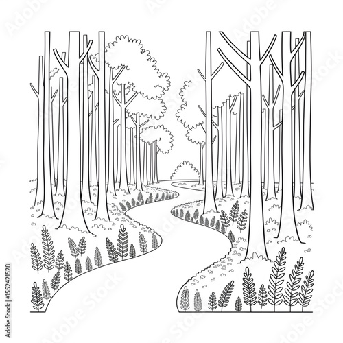 A black and white the brook is running through the middle of the forest illustration line art of a coloring page 