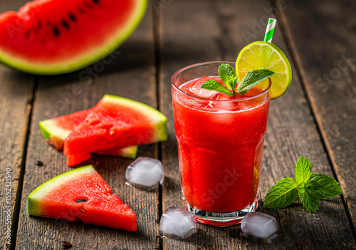 Watermelon Juice with Mint and Lime on Rustic Table
