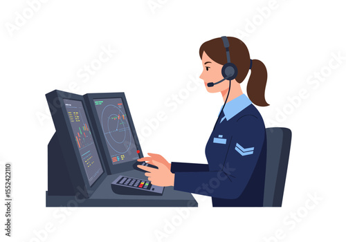 Air Traffic Controller Woman at Radar Station with Headset and Uniform.