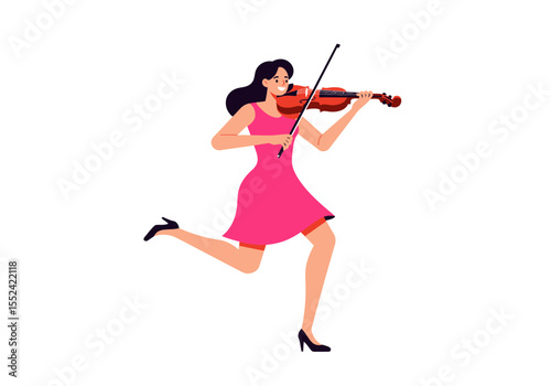 Animated Woman in Pink Dress Playing Violin While Running Musical Performance.