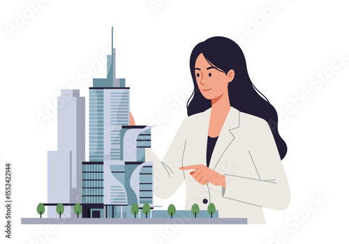 Architect Presenting Modern Building Model with Trees and Sleek Design.
