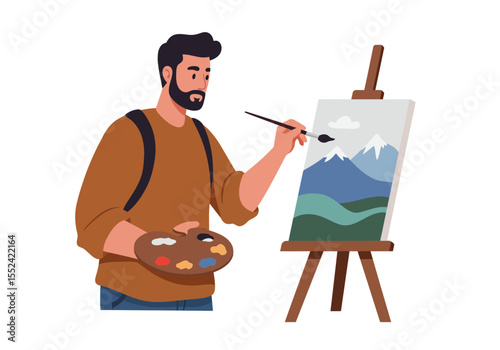 Bearded Artist Painting a Mountain Landscape on Canvas with Brush and Palette.