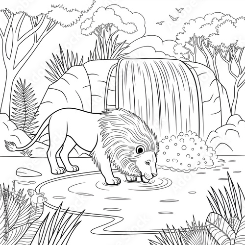 A black and white lion drinking water from a waterfall illustration line art of a coloring page 