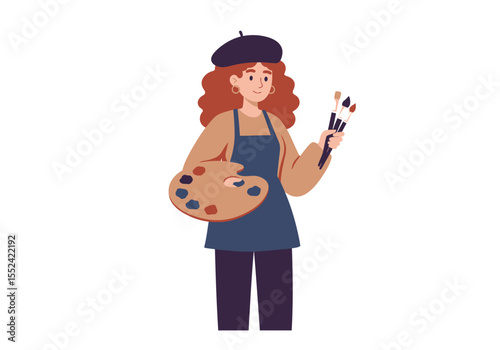 Cartoon Artist with Palette and Brushes Wearing Beret and Apron.