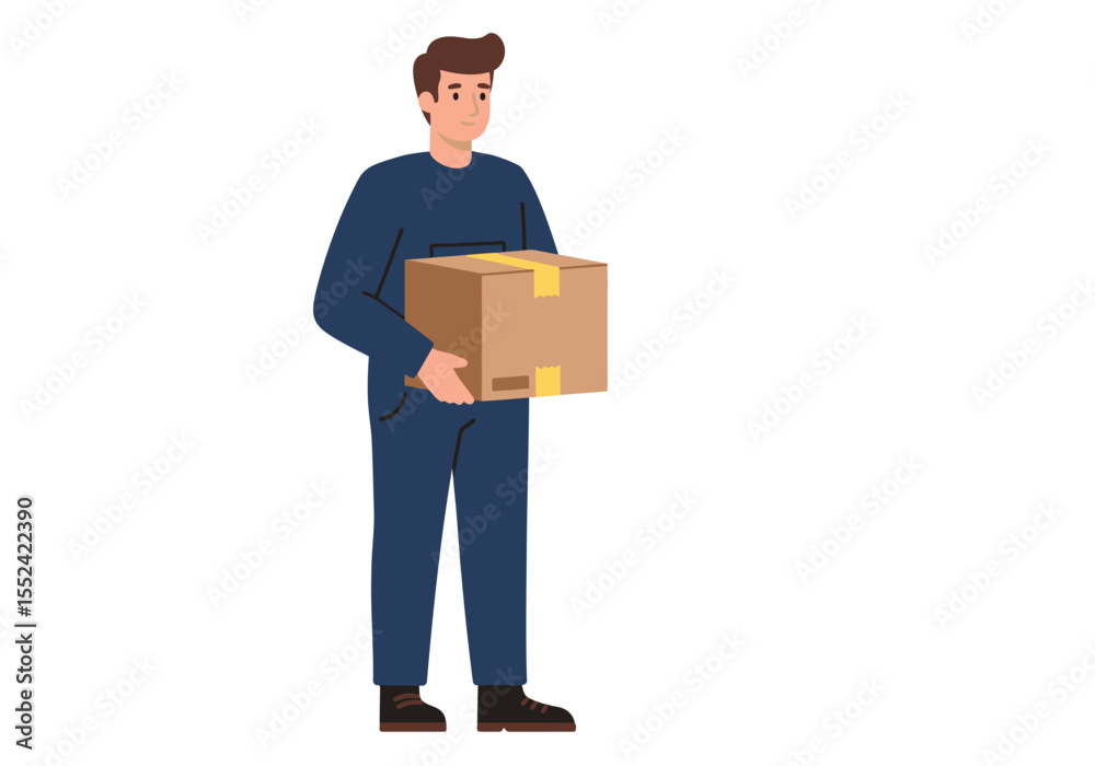Cartoon Delivery Man Carrying a Cardboard Box with Yellow Tape. Cartoon Delivery Man Carrying a Cardboard Box with Yellow Tape.
