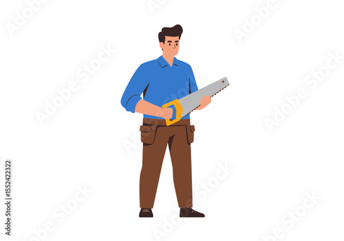 Cartoon Carpenter Holding a Hand Saw with a Tool Belt Brown Hair.