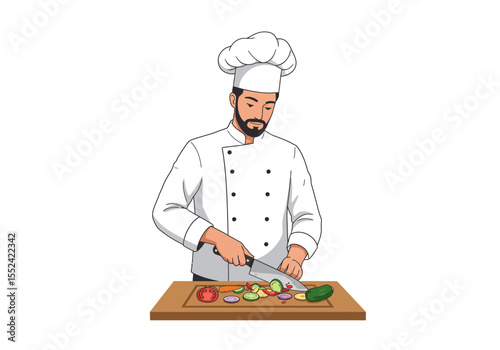 Cartoon Chef Cutting Vegetables on a Wooden Board with a Sharp Knife.