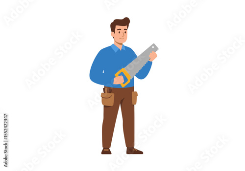 Cartoon Carpenter Holding a Hand Saw with a Yellow Handle.