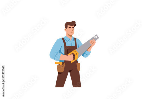 Cartoon Carpenter Holding a Hand Saw with Brown Overalls and Blue Shirt.