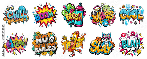 A diverse set of colorful graffiti and pop art word stickers and character illustrations, featuring dynamic designs and bold typography. Ideal for streetwear, posters, decals, and urban branding.