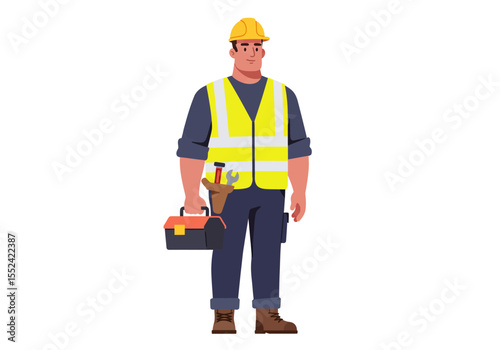 Cartoon Construction Worker with Toolbox Hard Hat and Safety Vest Illustration.