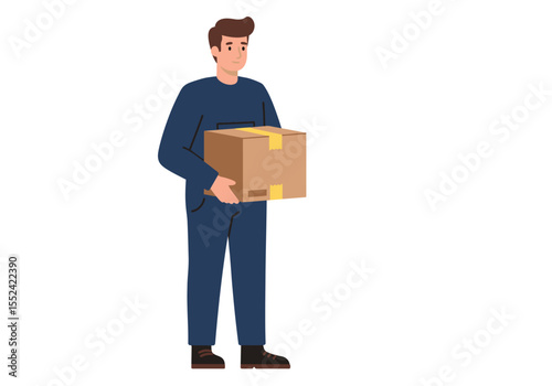 Cartoon Delivery Man Carrying a Cardboard Box with Yellow Tape.
