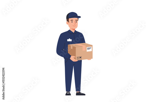 Cartoon Delivery Man in Blue Uniform Holding Cardboard Box.