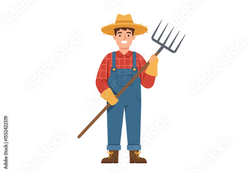Cartoon Farmer with Pitchfork Smiling Man in Overalls and Straw Hat.