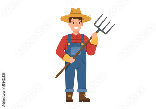 Cartoon Farmer with Straw Hat Holding Pitchfork Wearing Overalls and Boots.