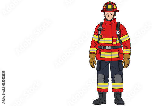 Cartoon Firefighter in Full Gear Standing at Attention Ready to Respond.