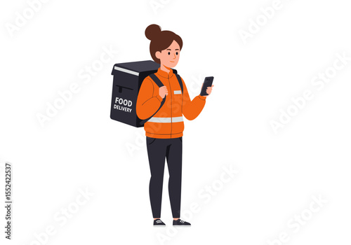 Cartoon Food Delivery Woman with Backpack Using Smartphone Orange Jacket.