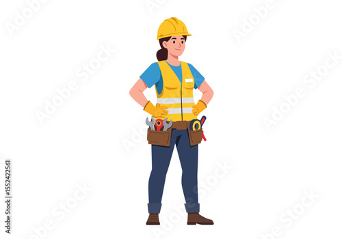 Cartoon Female Construction Worker with Hard Hat Vest and Tool Belt.
