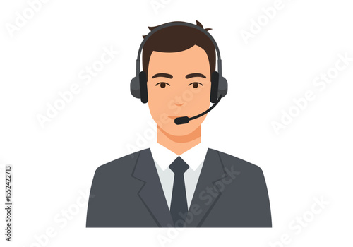Cartoon Man with Headset Dark Hair Suit and Tie Customer Service.