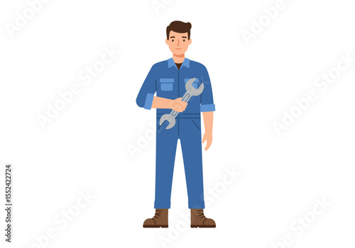 Cartoon Mechanic Holding Wrench in Blue Overalls and Brown Boots.