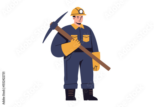 Cartoon Miner Holding Pickaxe with Hard Hat and Gloves in Blue Uniform.