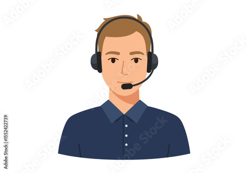 Cartoon Man with Headset Customer Service Representative in Blue Shirt.