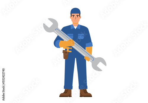 Cartoon Mechanic Holding a Large Wrench in Blue Overalls and Brown Boots.