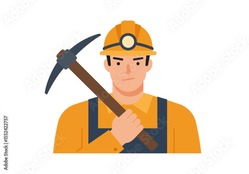Cartoon Miner with Pickaxe and Hard Hat Wearing Overalls Flat Vector Illustration.