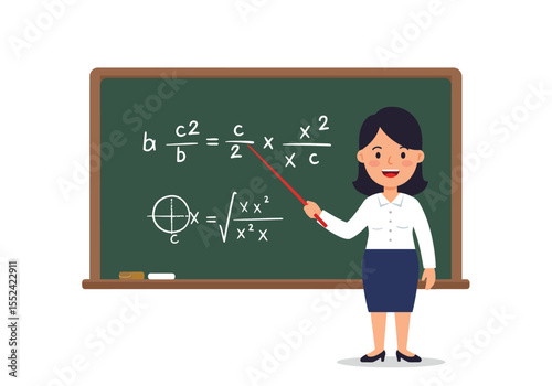 Cartoon Teacher Explaining Math Equations on a Green Chalkboard with a Red Pointer.