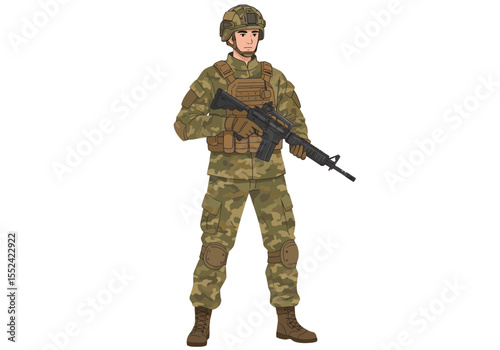 Cartoon Soldier in Camouflage Uniform Holding a Black Assault Rifle.